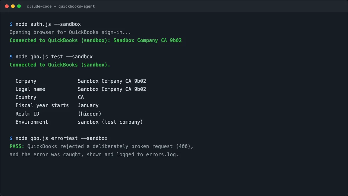 Terminal output showing a QuickBooks sandbox connection test passing in Claude Code
