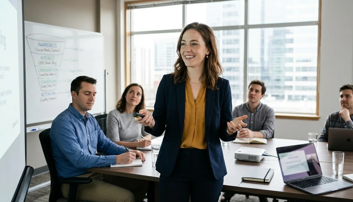 Business presentation in a boardroom - evaluating marketing agencies