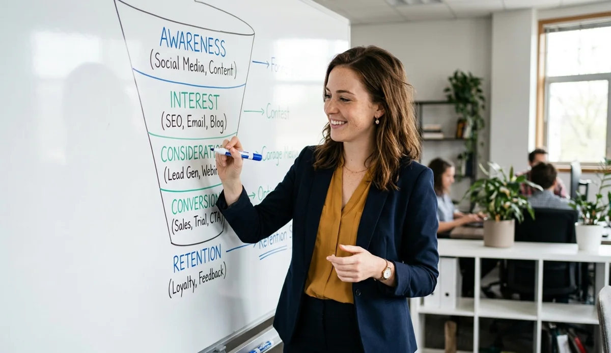 Integrated lead generation funnel planning combining content marketing and outreach Marketing strategist drawing sales funnel combining inbound and outbound lead generation