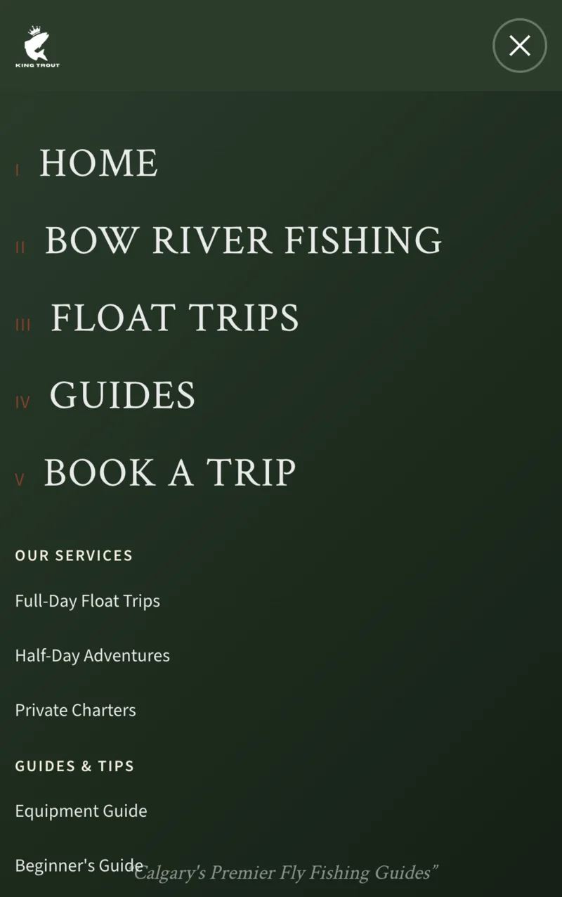 King Trout Outfitters responsive mobile menu design