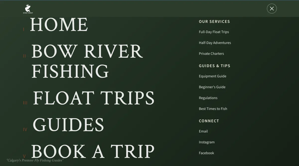 King Trout Outfitters desktop navigation menu design