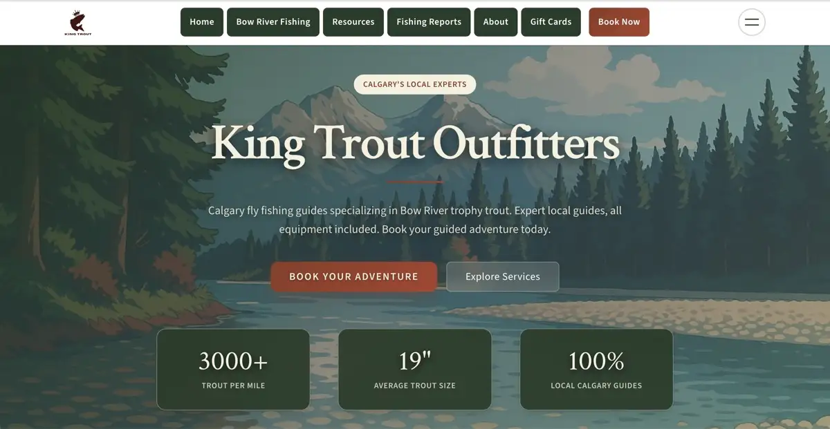 King Trout Outfitters website homepage - custom fishing guide website design