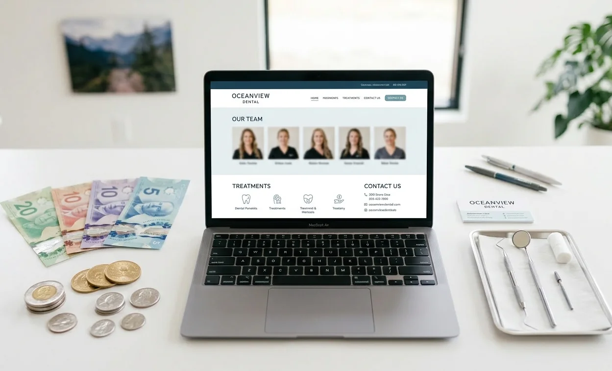 Dental website cost planning in Canada with laptop showing practice website and Canadian currency