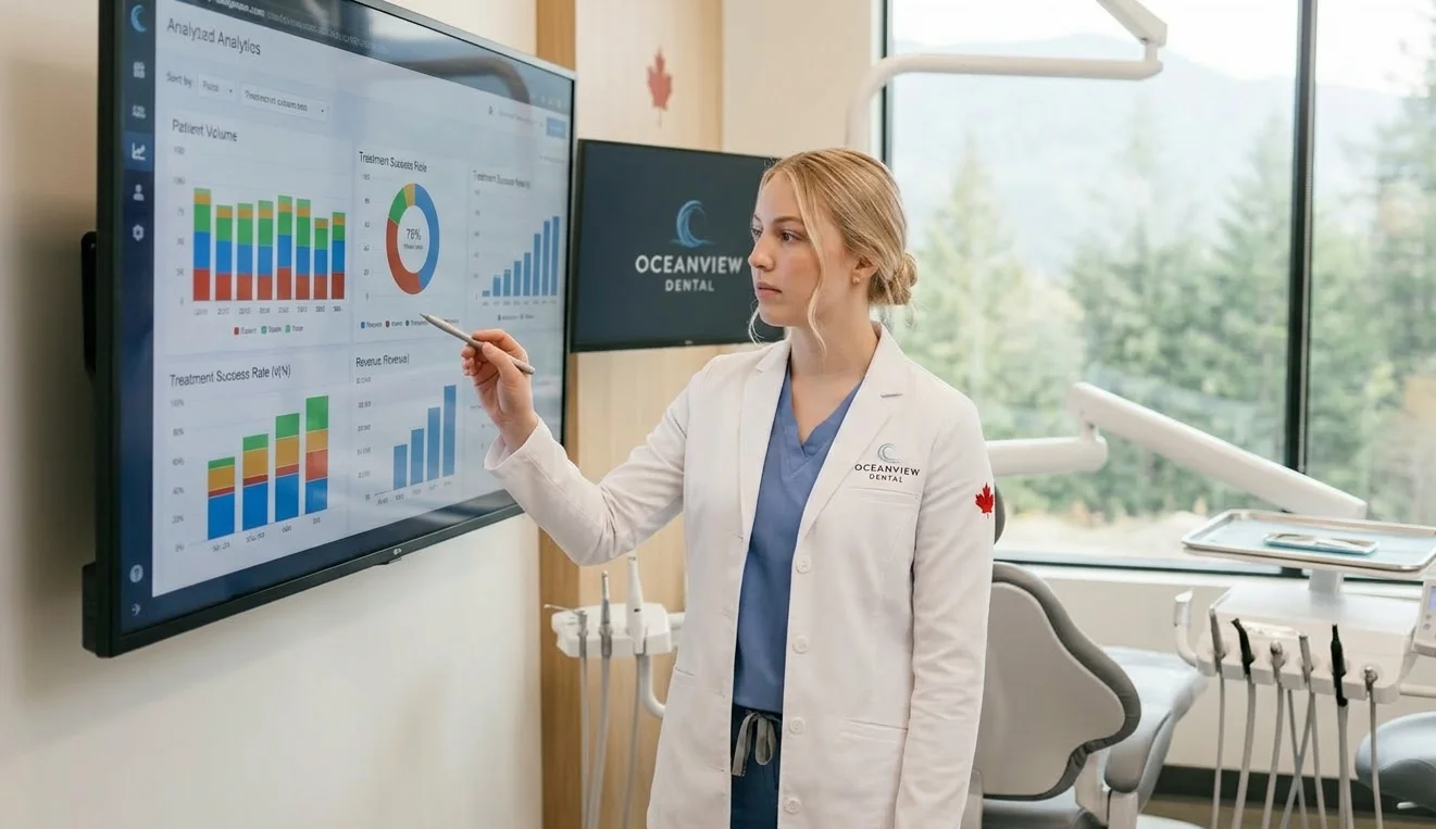 Dental SEO services - dentist reviewing search ranking statistics on screen