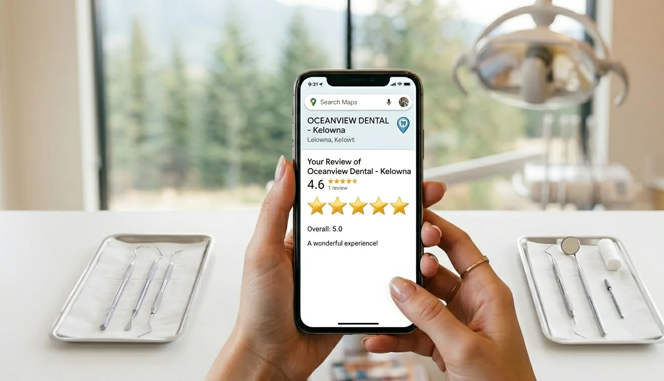 Patient leaving 5-star Google review for dental practice on mobile phone