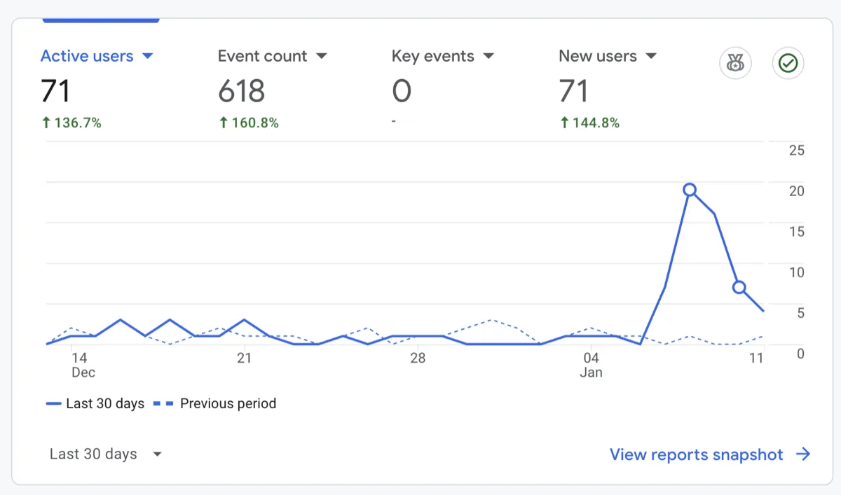 SEO performance showing 71 new users in initial campaign