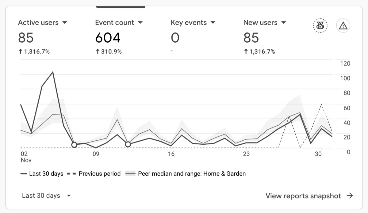 Google Analytics dashboard showing 85 active users on painting contractor website