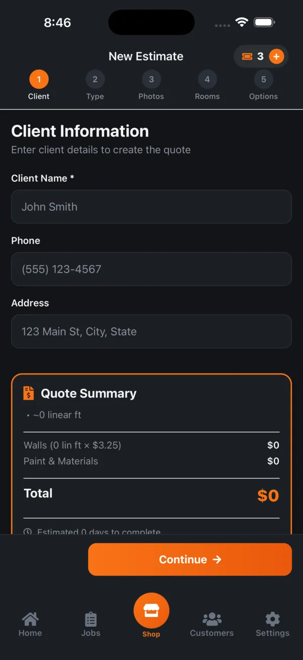 PaintQuote Pro iOS app new estimate screen with client details and a running quote summary