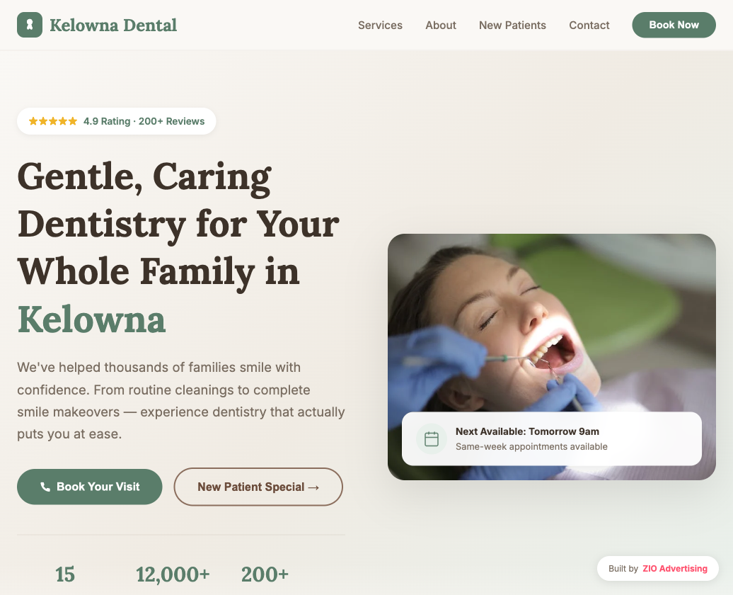 Kelowna Dental website design by ZIO Advertising showing hero section with booking CTA and trust signals