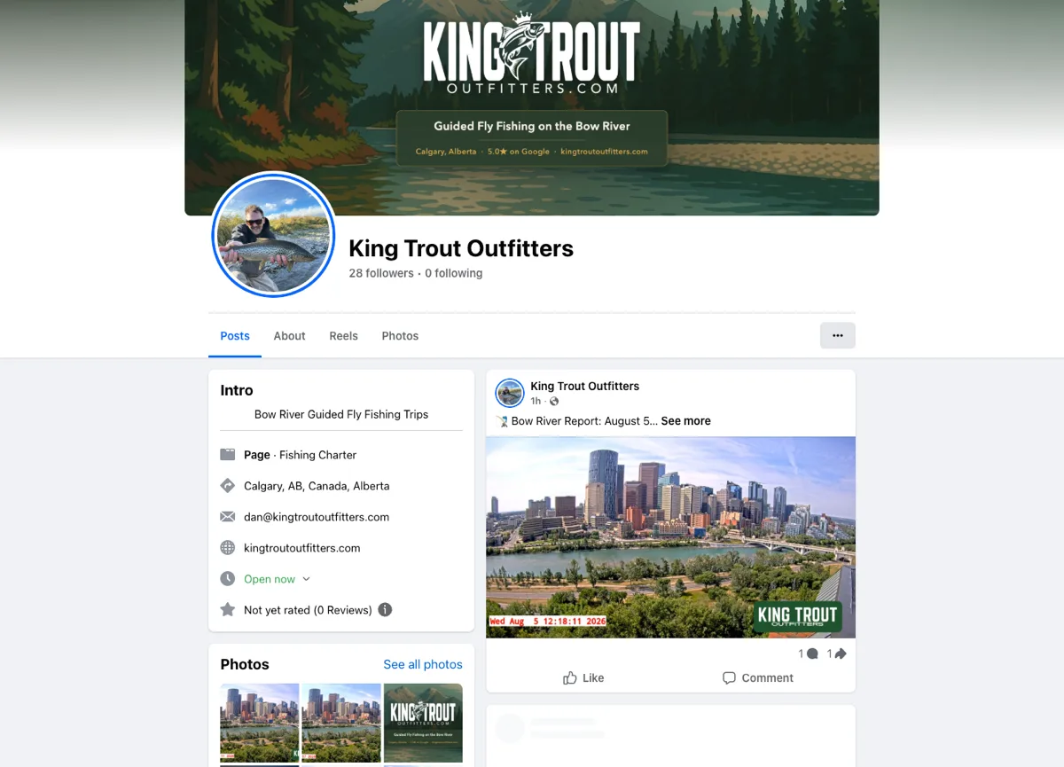 King Trout Outfitters Facebook page with branded cover art and weekly Bow River fishing report posts