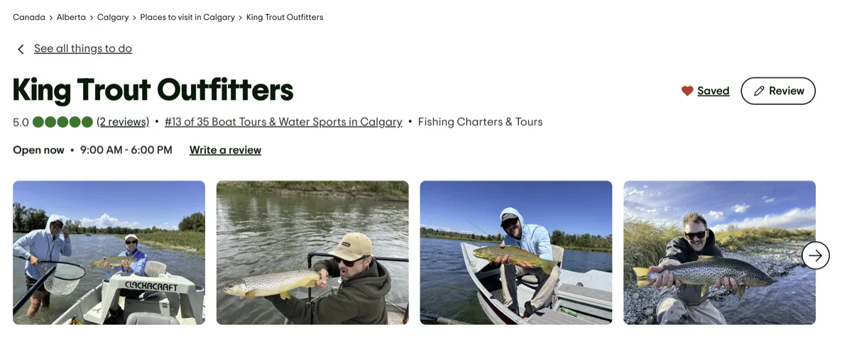 King Trout Outfitters TripAdvisor listing with a 5.0 rating, ranked #13 of 35 Boat Tours and Water Sports in Calgary