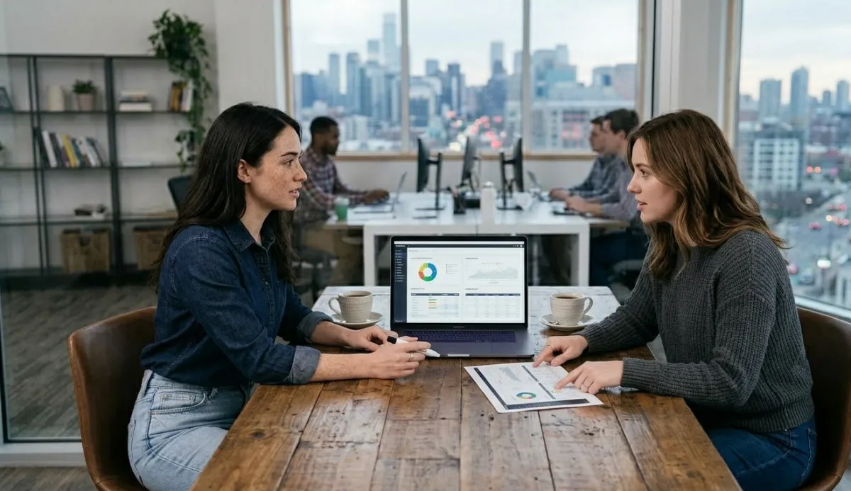 SaaS growth team reviewing marketing performance metrics and campaign strategy on screens