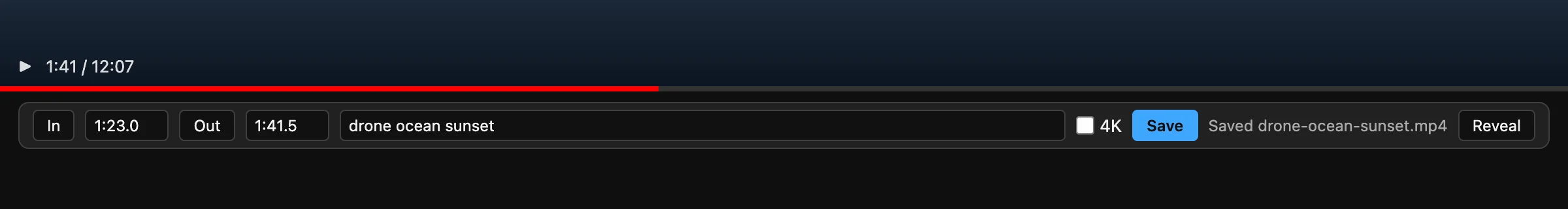 Zio Clipper bar under a YouTube player: In, Out, keywords, 4K, Save