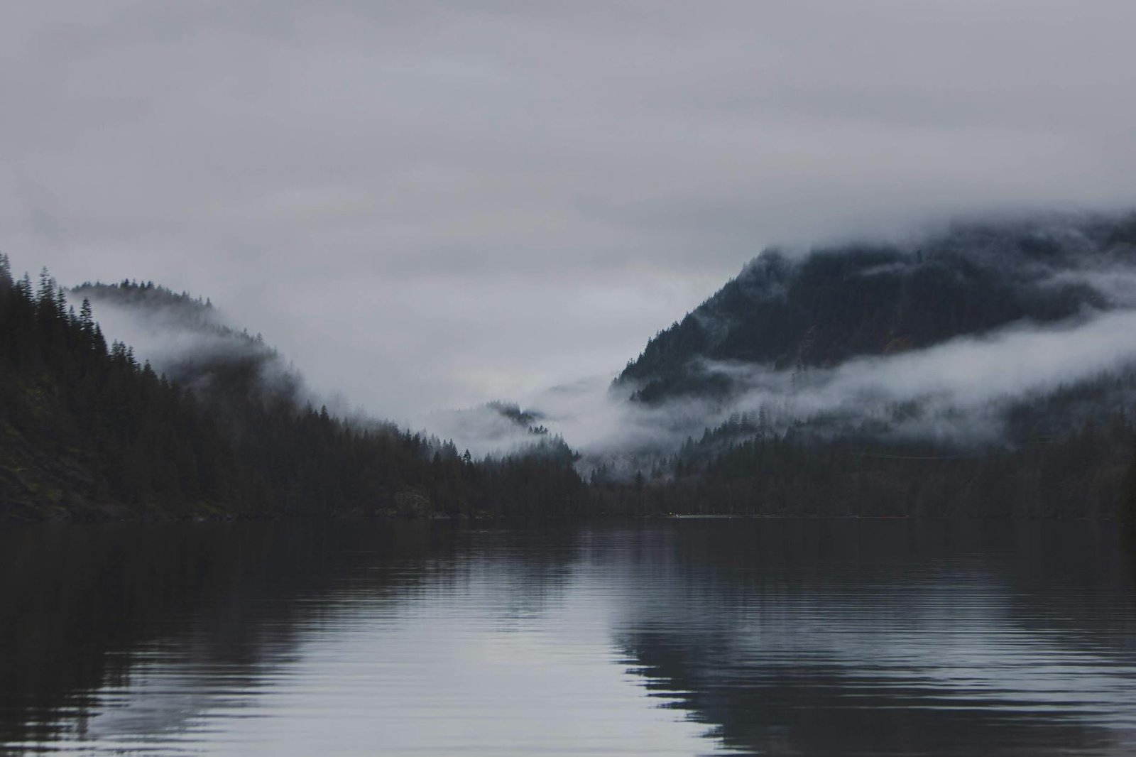Misty lake surrounded by mountains and forest